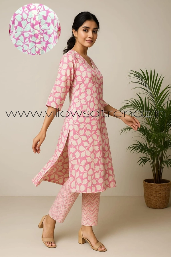 Twill Blue Kalamkari Cotton kurti with Phant |2XL | Pink | KS35503 - 2XL, Pink