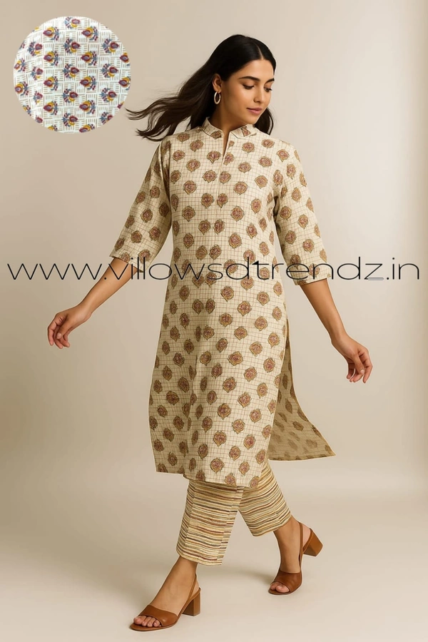 Twill Blue Kalamkari Cotton kurti with Phant | 4XL| Light Yellow | KS4004 - 4XL, Light Yellow