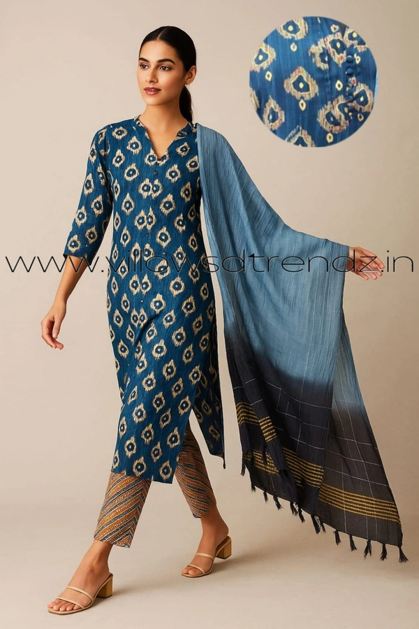 Twill Blue Kalamkari Cotton kurti with Phant and Shawl | 2XL | Blue | KS1550 - 2XL, Blue