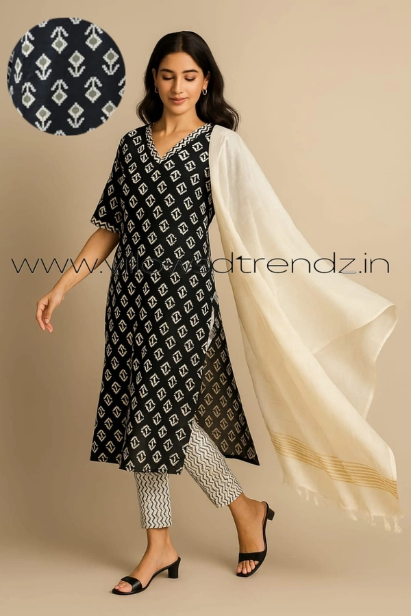 Twill Blue Kalamkari Cotton kurti with Phant and Shawl | L | Black | KS1554 - L, Black