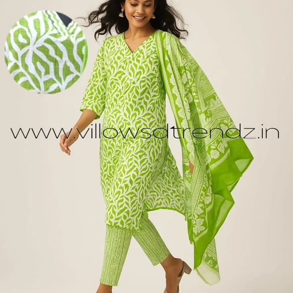 Twill Blue Kalamkari Cotton kurti with Phant and Shawl | L | Green | KS4002 - L, Green