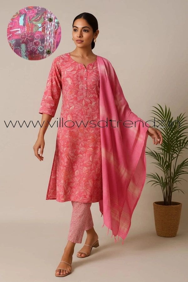 Twill Blue Kalamkari Cotton kurti with Phant and Shawl | M | Pink | KS4000 - M, Pink