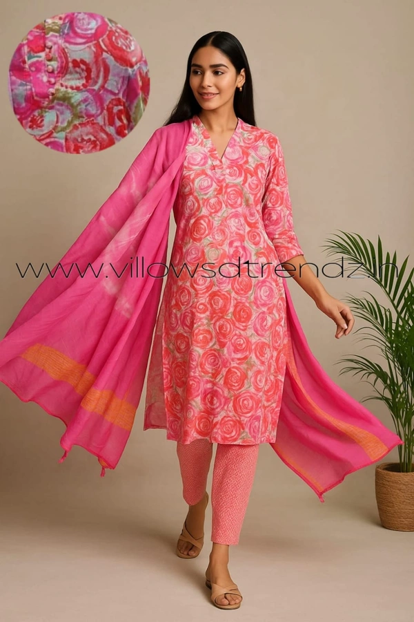 Twill Blue Kalamkari Cotton kurti with Phant and Shawl | L | Pink | KS4000 - L, Pink