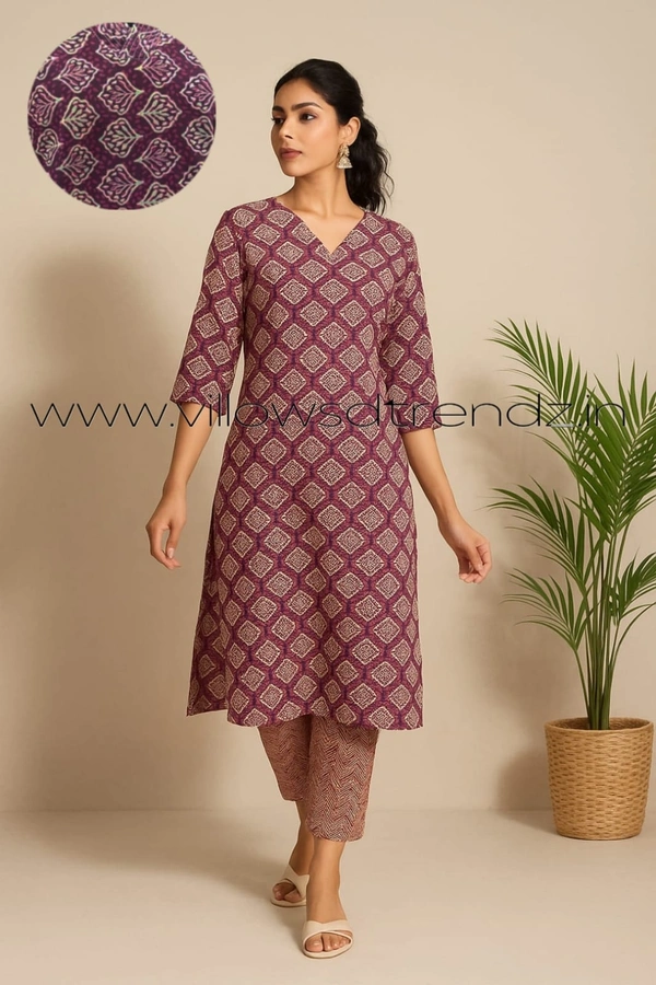 Twill Blue Kalamkari Cotton kurti with Phant | M |Beetroot Pink | KS35506 - M, Beetroot Pink