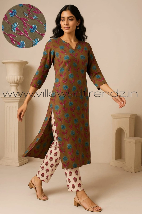 Twill Blue Kalamkari Cotton kurti with Phant | L | Brown | KS36002 - L, Brown