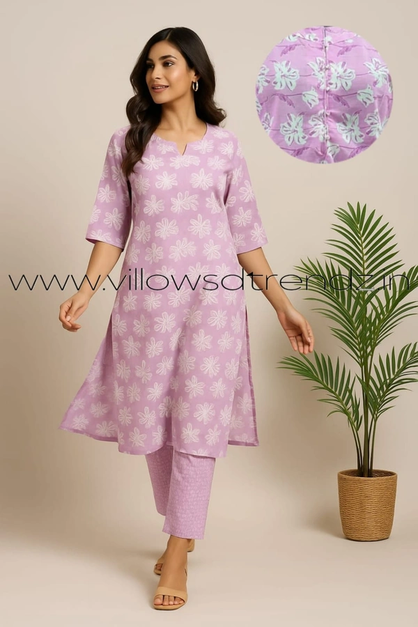 Twill Blue Kalamkari Cotton kurti with Phant | M | Pink | KS35505 - M, Pink