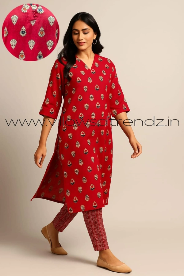 Twill Blue Kalamkari Cotton kurti with Phant | L | Red | KS1553 - L, Red