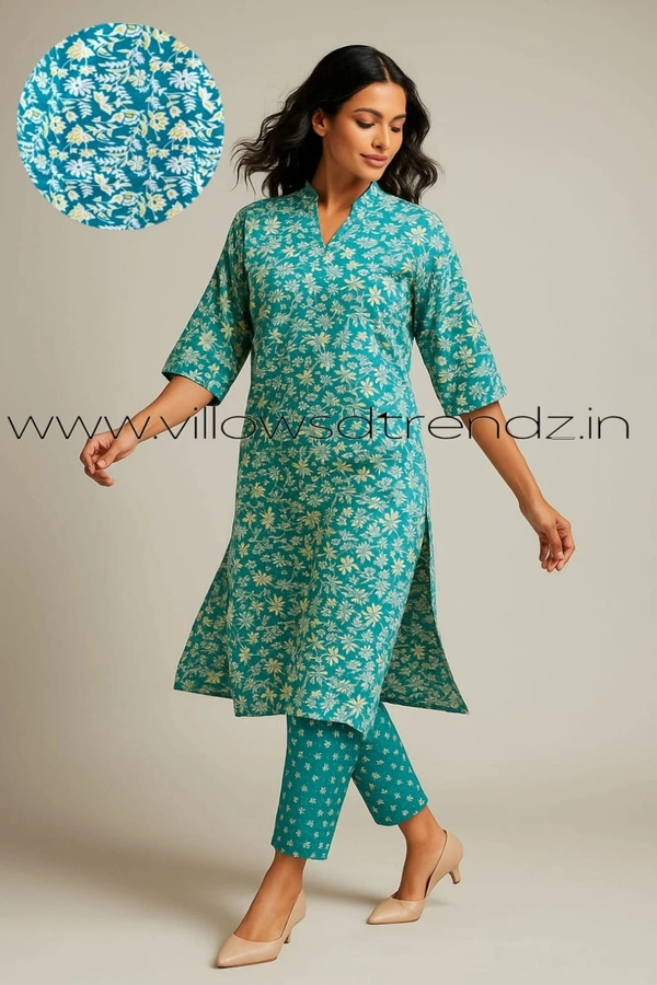 Twill Blue Kalamkari Cotton kurti with Phant | M |Rama Green | KS1557 - M, Rama Green