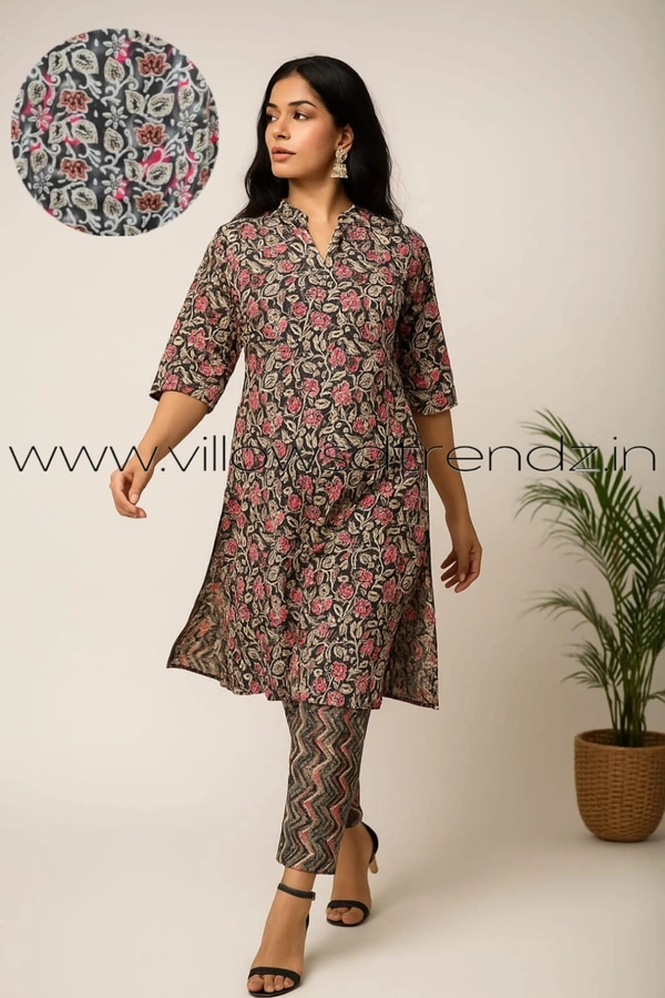 Twill Blue Kalamkari Cotton kurti with Phant | XL | Black| KS1556 - XL, Black