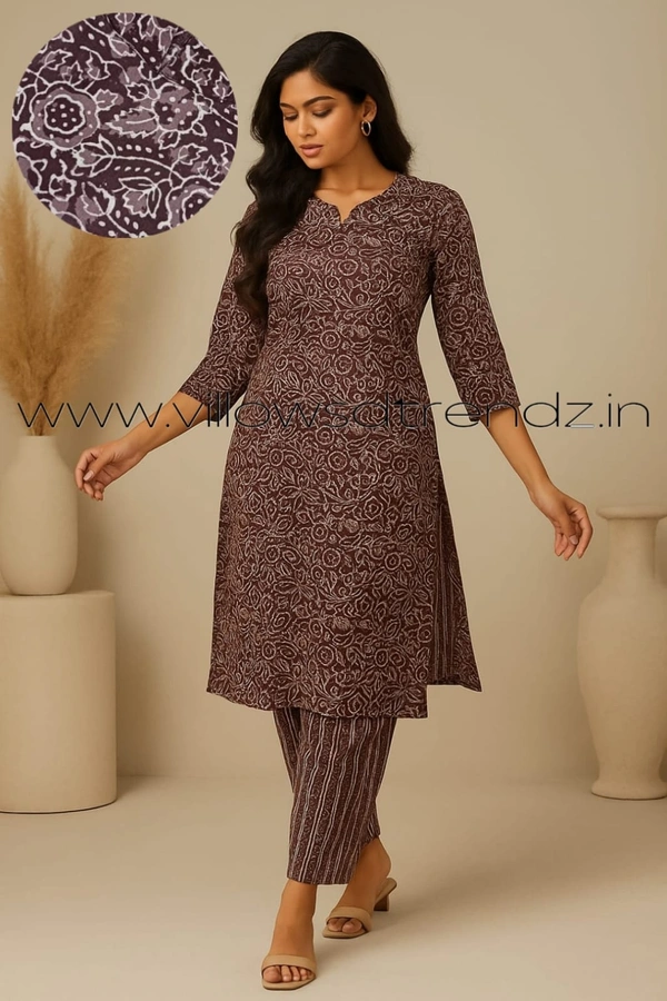 Twill Blue Kalamkari Cotton kurti with Phant | M | Maroon | KS36004 - M, Maroon