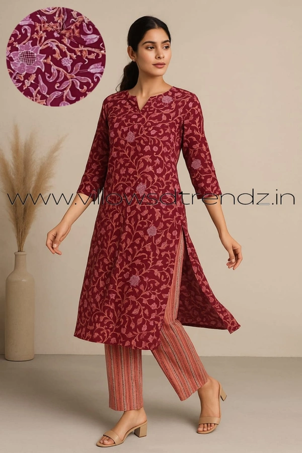 Twill Blue Kalamkari Cotton kurti with Phant | M | Maroon| KS36003 - M, Maroon
