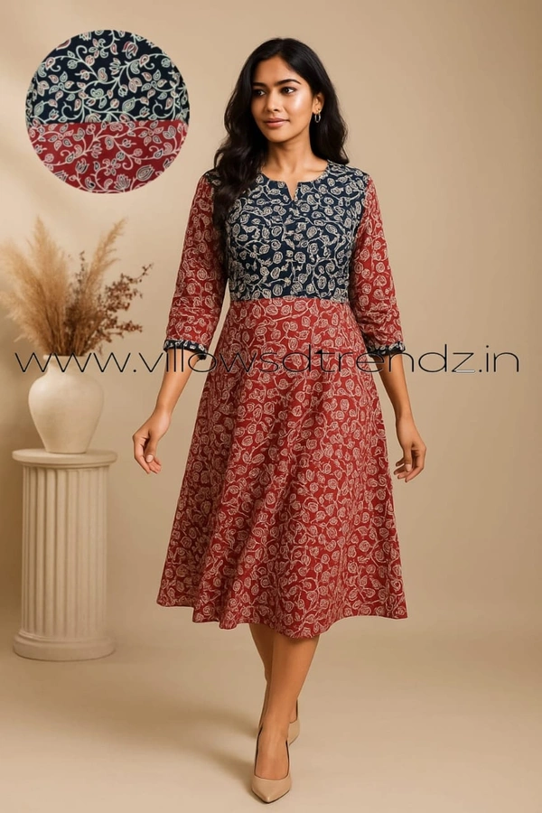 Twill Blue Kalamkari cotton Kurti| S | Maroon |KUC28304 - S, Maroon