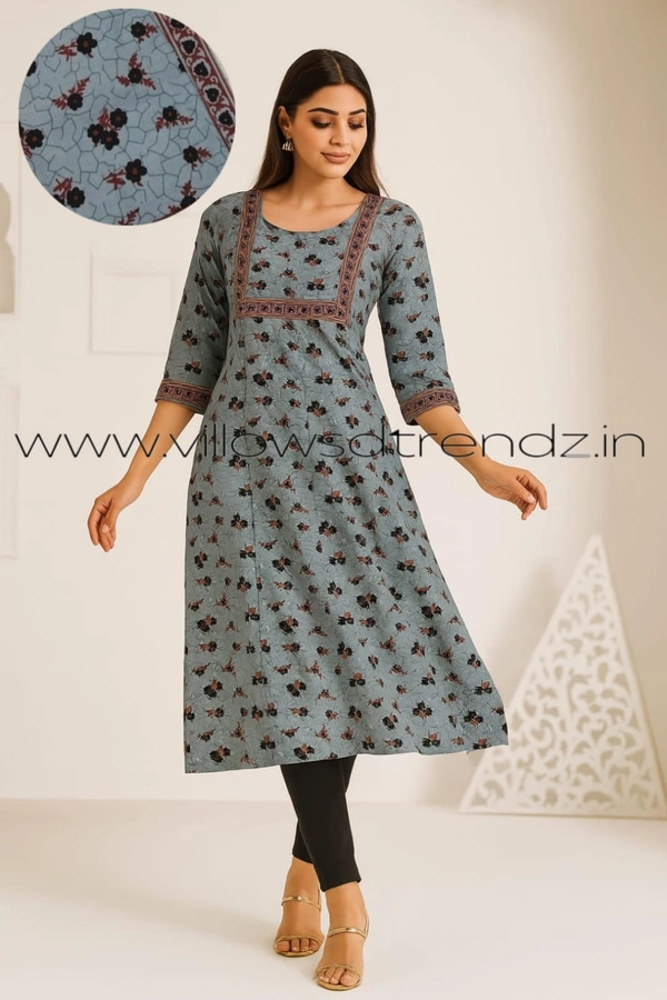 Twill Blue Kalamkari Cotton Kurtis| Side cut |3/4th sleeve |Ash| CK235013 - XL, Ash