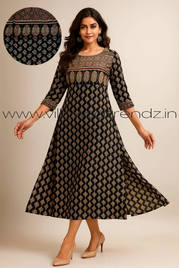 Twill Blue Kalamkari Cotton Kurtis| Side cut |3/4th sleeve |Black |CK22570 - M, Black
