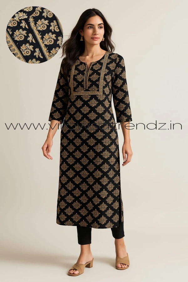 Twill Blue Kalamkari Cotton Kurtis| Side cut |3/4th sleeve |Black| CK235012 - XL, Black