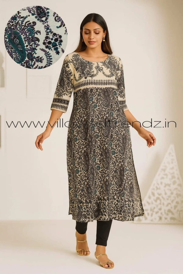 Twill Blue Kalamkari Cotton Kurtis| Side cut |3/4th sleeve |Black|CK23509 - L, Black