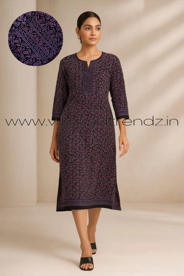 Twill Blue Kalamkari Cotton Kurtis| Side cut |3/4th sleeve |Black with Pink | CK22557 - 2XL, Black with Pink