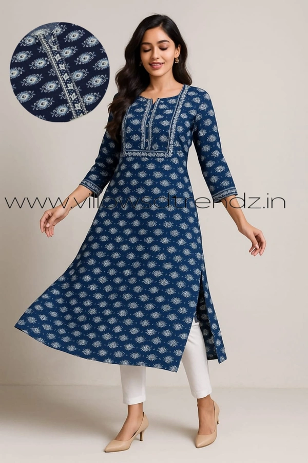 Twill Blue Kalamkari Cotton Kurtis| Side cut |3/4th sleeve |Blue |CK235010 - 2XL, Blue
