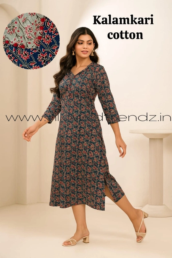 Twill Blue Kalamkari Cotton Kurtis| Side cut |3/4th sleeve |Blue | CK23543 - 2XL, Blue