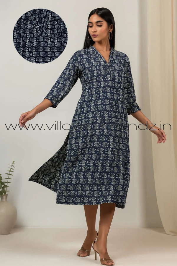 Twill Blue Kalamkari Cotton Kurtis| Side cut |3/4th sleeve |Blue | CK22564 - XL, Blue