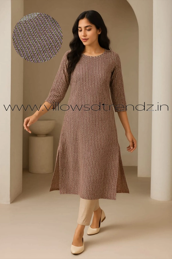 Twill Blue Kalamkari Cotton Kurtis| Side cut |3/4th sleeve |Brown | CK25006 - M, Brown