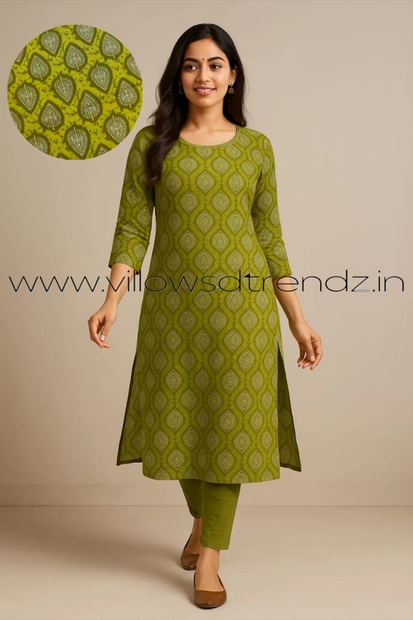 Twill Blue Kalamkari Cotton Kurtis| Side cut |3/4th sleeve |Green | CK25001 - M, Green