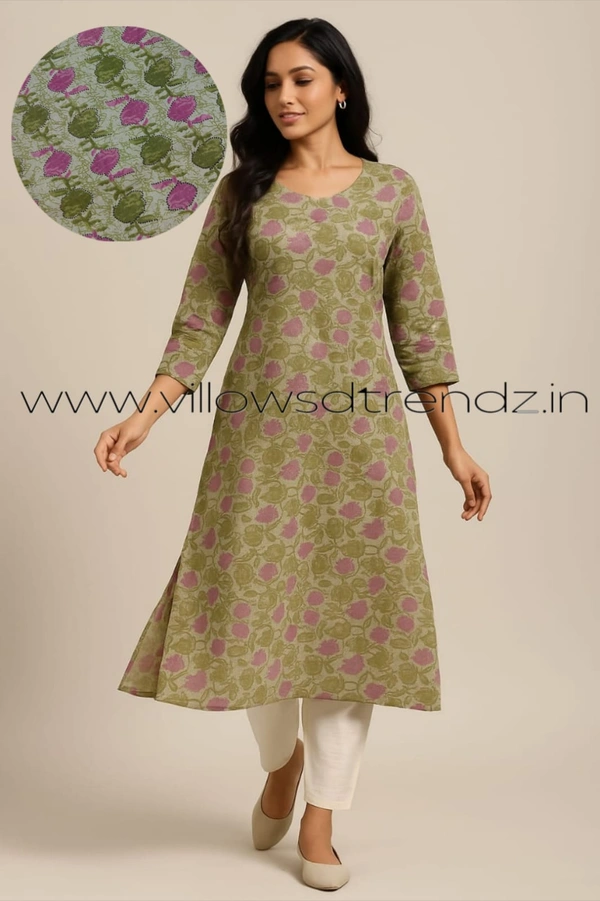 Twill Blue Kalamkari Cotton Kurtis| Side cut |3/4th sleeve |Green| CK25002 - XL, Green