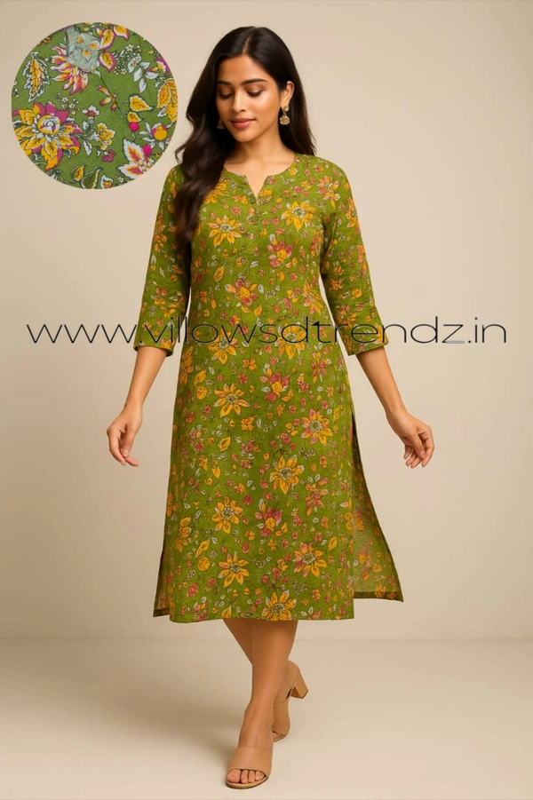 Twill Blue Kalamkari Cotton Kurtis| Side cut |3/4th sleeve| Green | CK23536 - L, Green