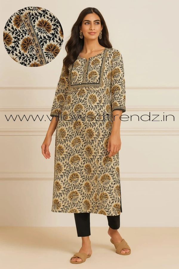 Twill Blue Kalamkari Cotton Kurtis| Side cut |3/4th sleeve |Half Sandle | CK23508 - M, Half Sandle