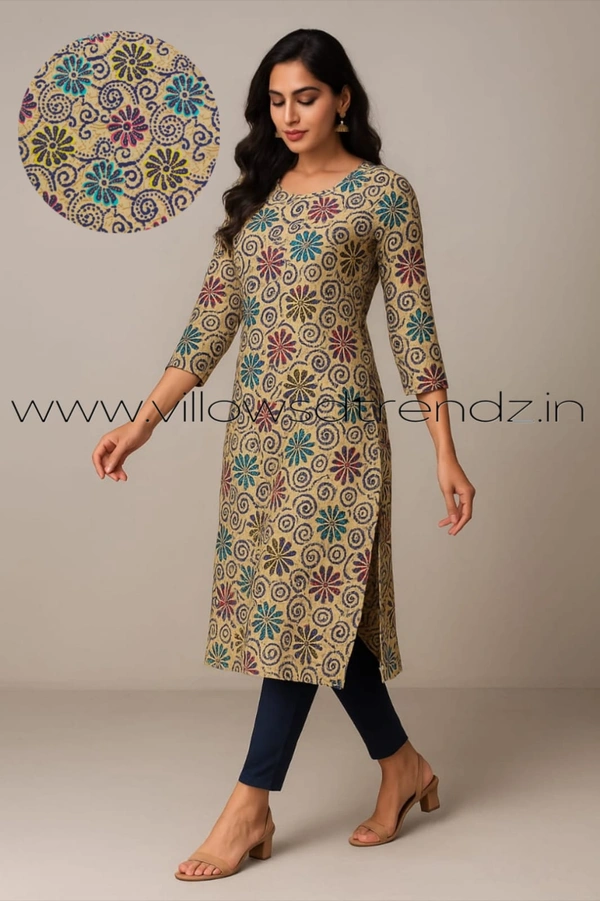 Twill Blue Kalamkari Cotton Kurtis| Side cut |3/4th sleeve |Half Yellow| CK25003 - 2XL, Half Yellow