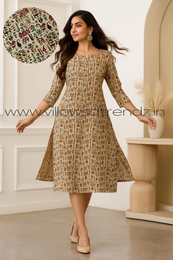 Twill Blue Kalamkari Cotton Kurtis| Side cut |3/4th sleeve| Half Sandle | CK22553 - 2XL, Half Sandle