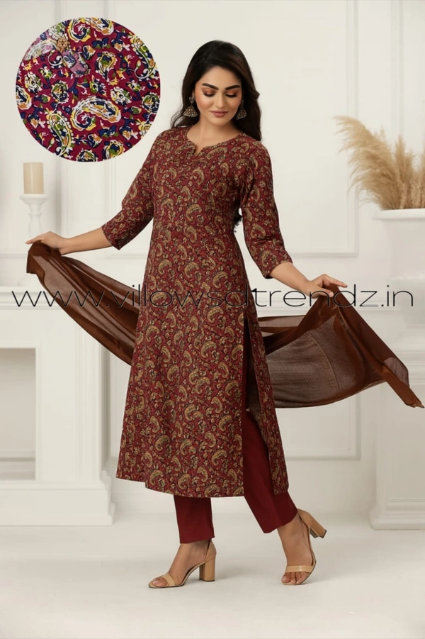 Twill Blue Kalamkari Cotton Kurtis| Side cut |3/4th sleeve |Maroon | CK22554 - 2XL, Maroon