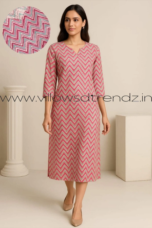 Twill Blue Kalamkari Cotton Kurtis| Side cut |3/4th sleeve| Pink | CK22555 - M, Pink
