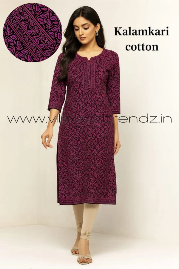 Twill Blue Kalamkari Cotton Kurtis| Side cut |3/4th sleeve |Pink | CK22556 - L, Pink