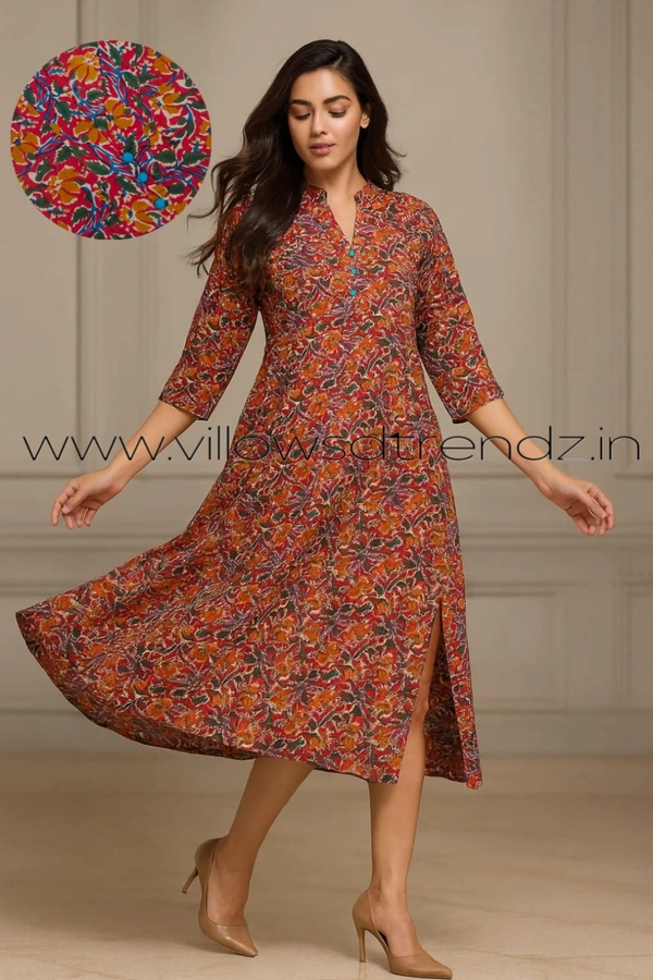 Twill Blue Kalamkari Cotton Kurtis| Side cut |3/4th sleeve |Red | CK23537 - M, Red