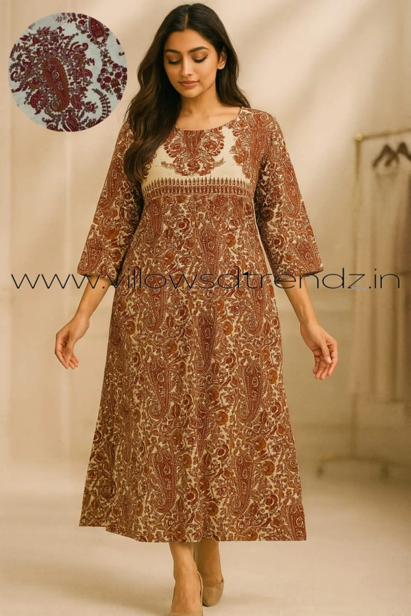 Twill Blue Kalamkari Cotton Kurtis| Side cut |3/4th sleeve |Red | CK235011 - L, Red