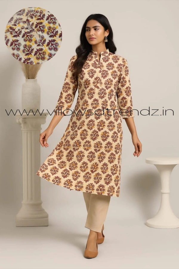 Twill Blue Kalamkari Cotton Kurtis| Side cut |3/4th sleeve |Sandle | CK23502 - M, Sandle