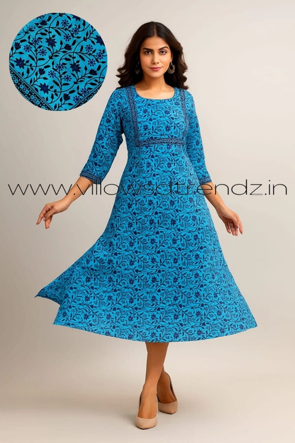 Twill Blue Kalamkari Cotton Kurtis| Side cut |3/4th sleeve |Sky blue | CK22571 - M, Sky blue