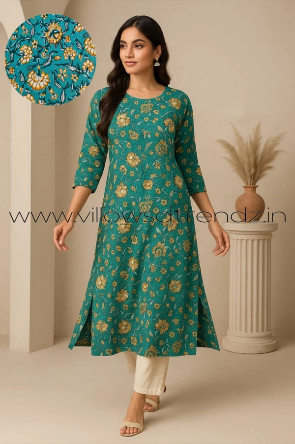 Twill Blue Kalamkari Cotton Kurtis| Side cut |3/4th sleeve| Sky Blue | CK25005 - 3XL, Sky Blue