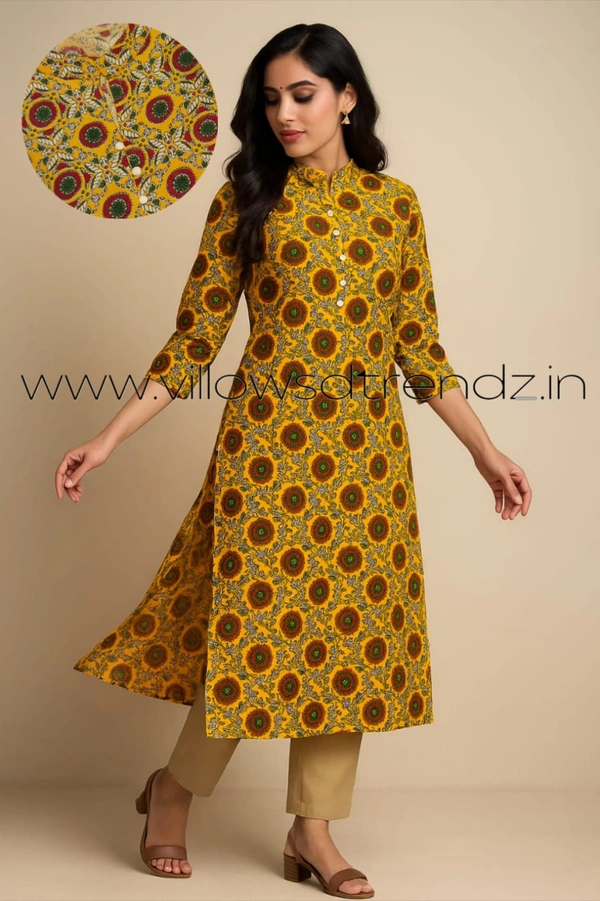 Twill Blue Kalamkari Cotton Kurtis| Side cut |3/4th sleeve |Yellow |CK23503 - M, Yellow