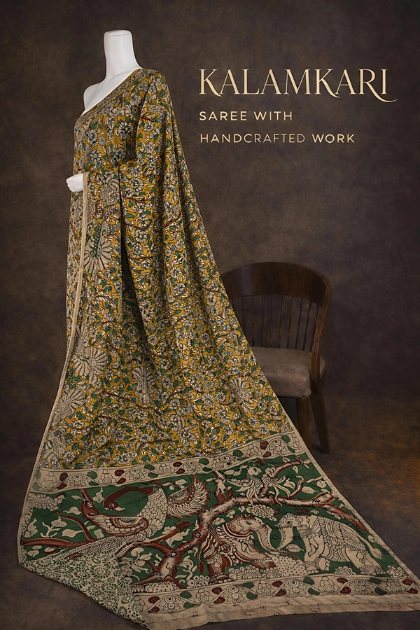 Villows Kalamkari Handcrafted Saree | with Blouse Piece| Green | KS60002 - Green, 5.5 mts + Running Blouse Piece