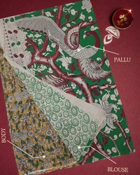 Villows Kalamkari Handcrafted Saree | with Blouse Piece| Green | KS60002 - Green, 5.5 mts + Running Blouse Piece