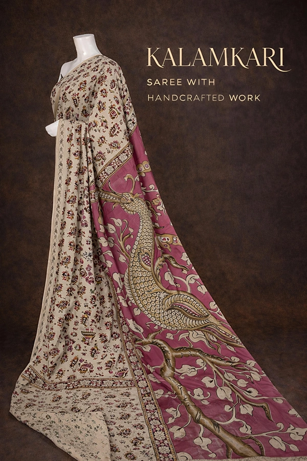 Villows Kalamkari Handcrafted Saree | with Blouse Piece| Pink | KS600010 - Pink, 5.5 mts + Running Blouse Piece