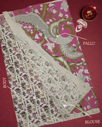 Villows Kalamkari Handcrafted Saree | with Blouse Piece| Pink | KS600010 - Pink, 5.5 mts + Running Blouse Piece