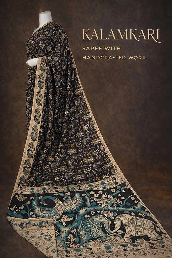 Villows Kalamkari Handcrafted Saree | with Blouse Piece| Rama Blue | KS60004 - Rama Blue, 5.5 mts + Running Blouse Piece