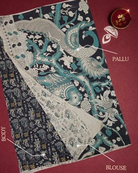 Villows Kalamkari Handcrafted Saree | with Blouse Piece| Rama Blue | KS60004 - Rama Blue, 5.5 mts + Running Blouse Piece