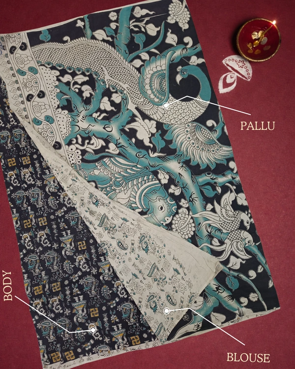 Villows Kalamkari Handcrafted Saree | with Blouse Piece| Rama Blue | KS60004 - Rama Blue, 5.5 mts + Running Blouse Piece