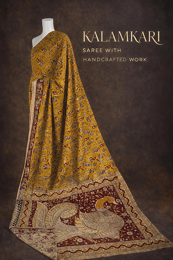 Villows Kalamkari Handcrafted Saree | with Blouse Piece| Yellow | KS600011 - Yellow, 5.5 mts + Running Blouse Piece