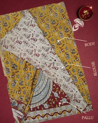 Villows Kalamkari Handcrafted Saree | with Blouse Piece| Yellow | KS600011 - Yellow, 5.5 mts + Running Blouse Piece