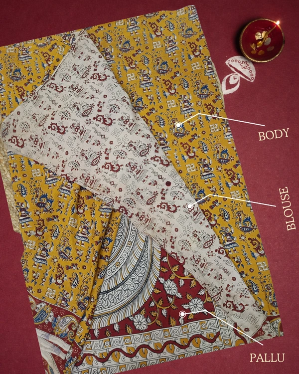 Villows Kalamkari Handcrafted Saree | with Blouse Piece| Yellow | KS600011 - Yellow, 5.5 mts + Running Blouse Piece